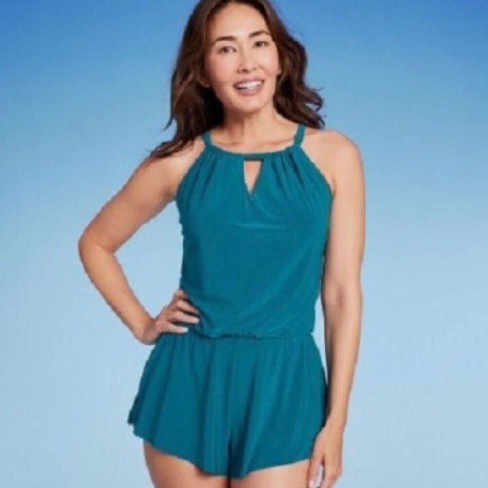 Aqua Green UPF 50 romper high neck flattering conservative size large teal green